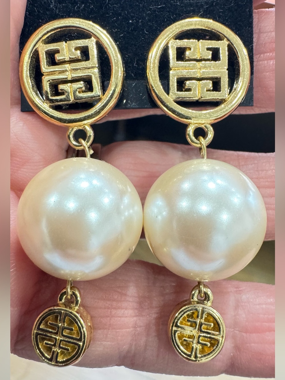 Givenchy 4G Logo Faux Pearl Drop Dangle Earrings Gold Plated